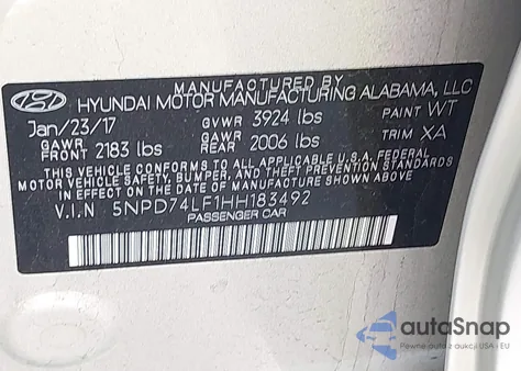 2017 Hyundai Elantra Se z USA, uszkodzony, nr VIN 5NPD74LF1HH183492